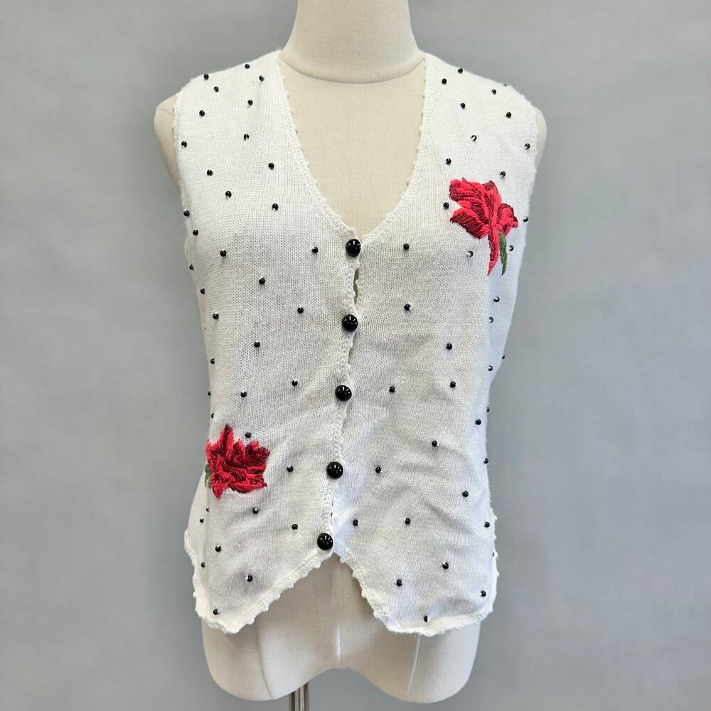 Vintage 90s GW Graff knit embroidered sweater‎ vest bead detail size small